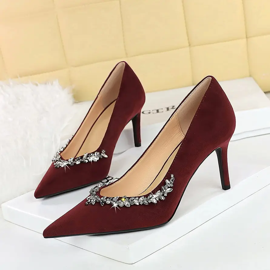 1926-A1 European and American Pointed Suede High Heels Rhinestone Shallow Stiletto Heel Shoes Women's Banquet Elegant Women's Shoes Spring and Autumn