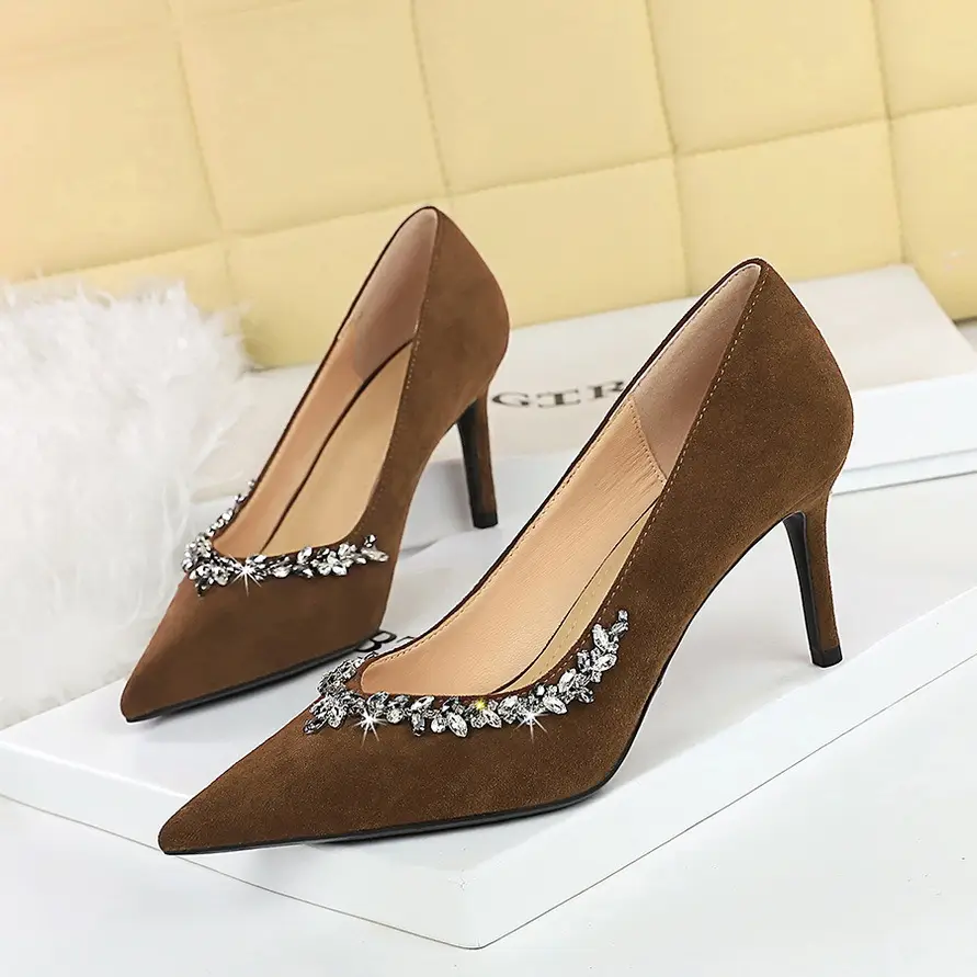1926-A1 European and American Pointed Suede High Heels Rhinestone Shallow Stiletto Heel Shoes Women's Banquet Elegant Women's Shoes Spring and Autumn