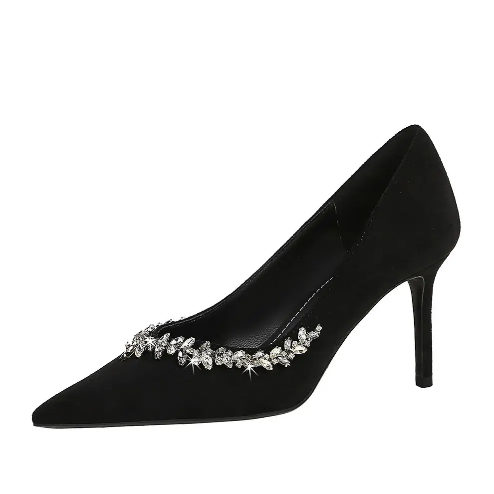 1926-A1 European and American Pointed Suede High Heels Rhinestone Shallow Stiletto Heel Shoes Women's Banquet Elegant Women's Shoes Spring and Autumn