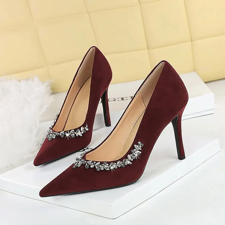 1926-A1 European and American Pointed Suede High Heels Rhinestone Shallow Stiletto Heel Shoes Women's Banquet Elegant Women's Shoes Spring and Autumn