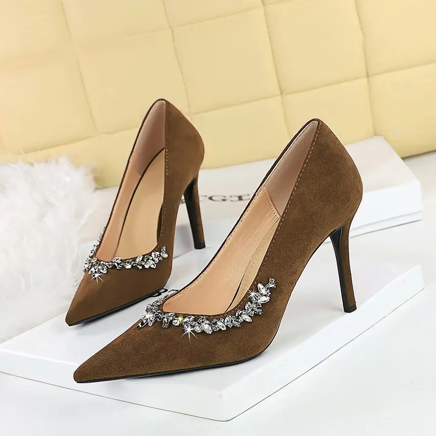1926-A1 European and American Pointed Suede High Heels Rhinestone Shallow Stiletto Heel Shoes Women's Banquet Elegant Women's Shoes Spring and Autumn
