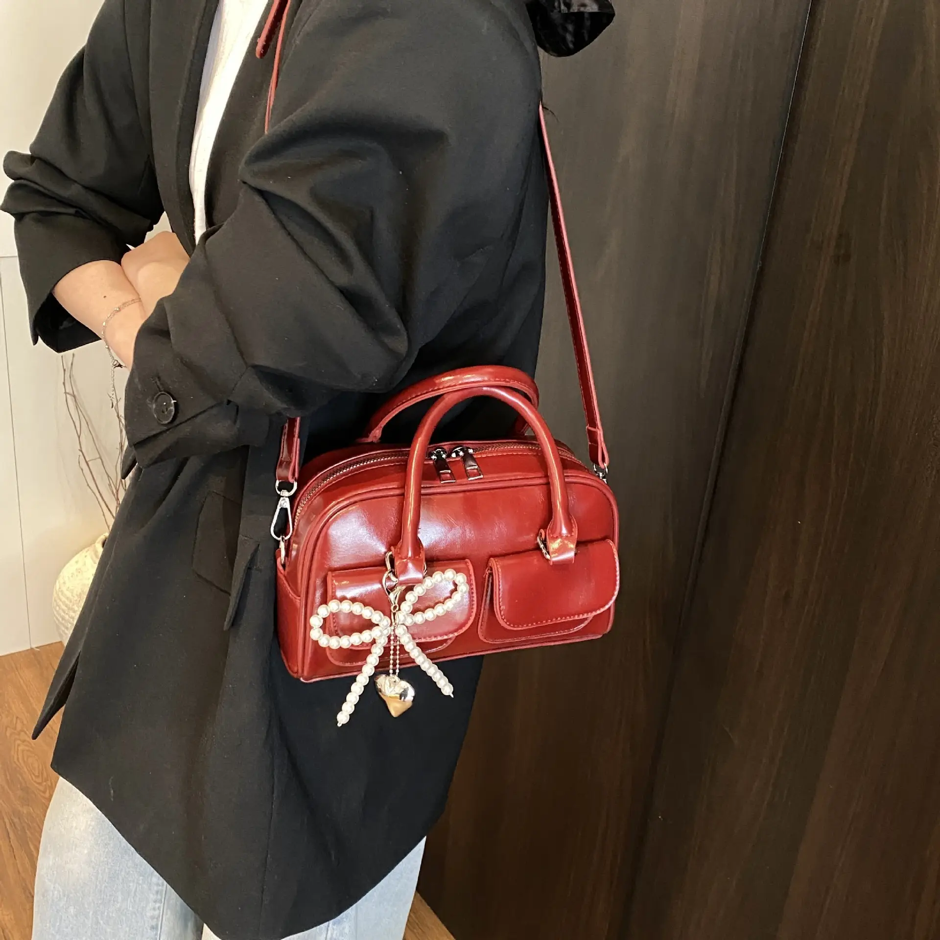 Women's Beige Pearl Bow Shoulder Bag with 2 Pockets