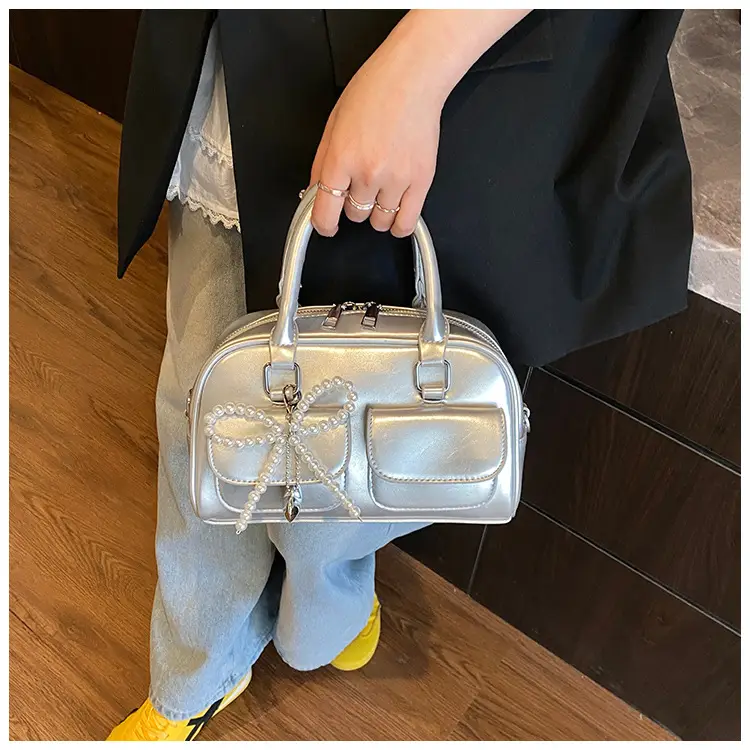 Women's Beige Pearl Bow Shoulder Bag with 2 Pockets — feature 17