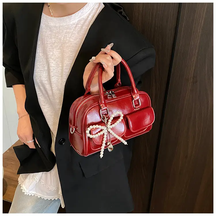Women's Beige Pearl Bow Shoulder Bag with 2 Pockets — feature 22