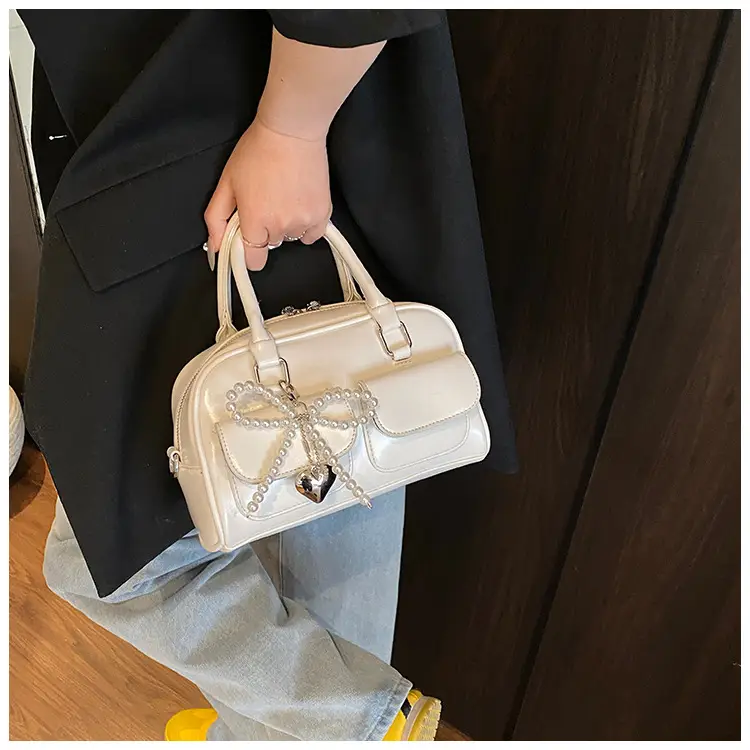 Women's Beige Pearl Bow Shoulder Bag with 2 Pockets — feature 31