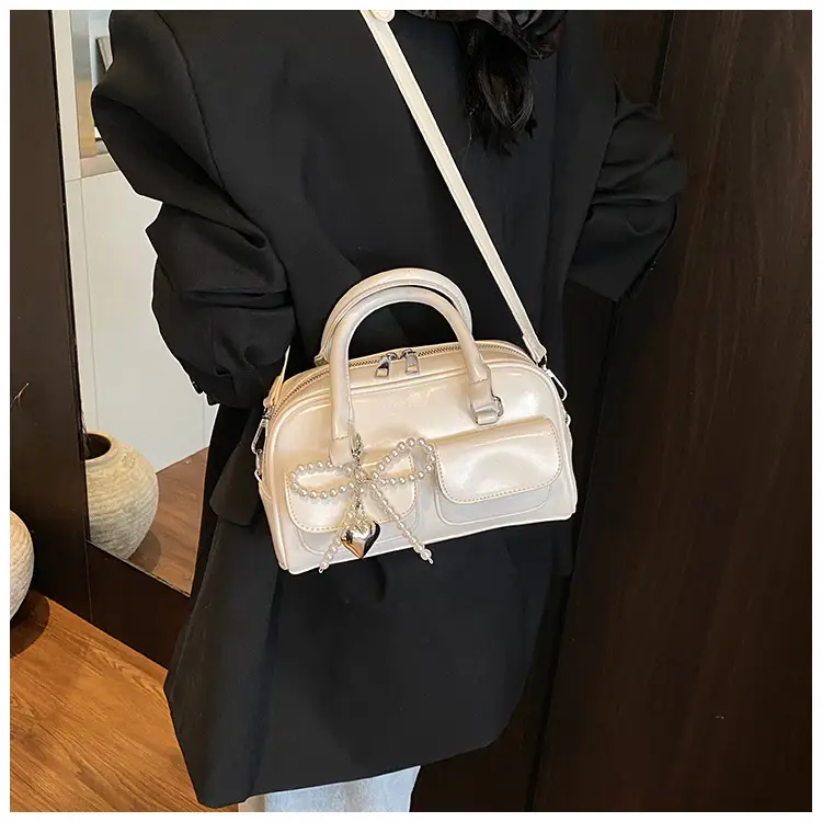 Women's Beige Pearl Bow Shoulder Bag with 2 Pockets — feature 32