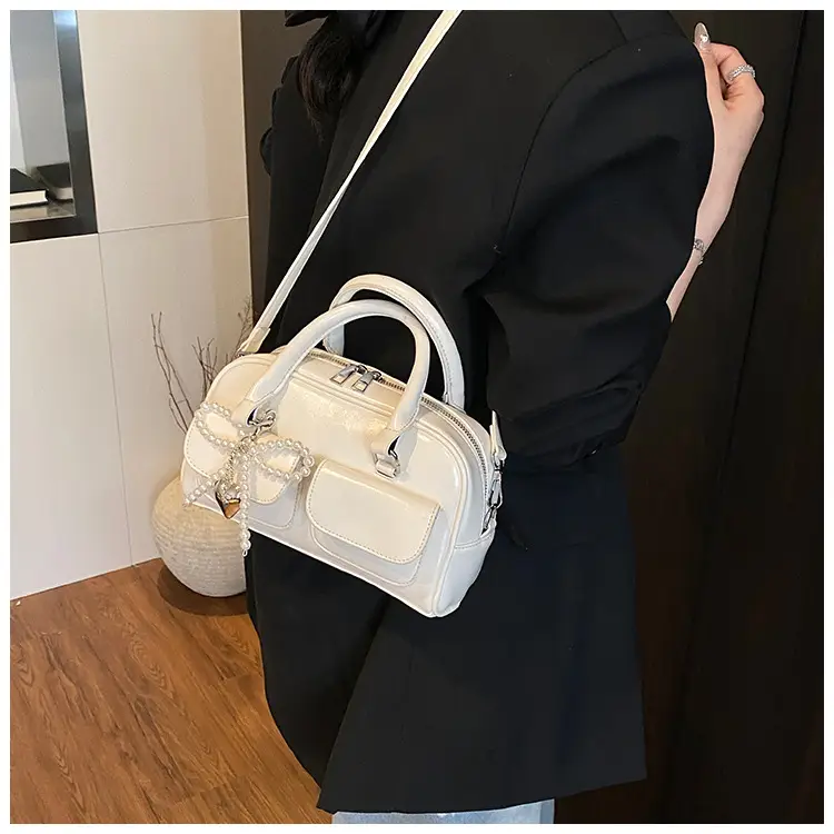 Women's Beige Pearl Bow Shoulder Bag with 2 Pockets — feature 34