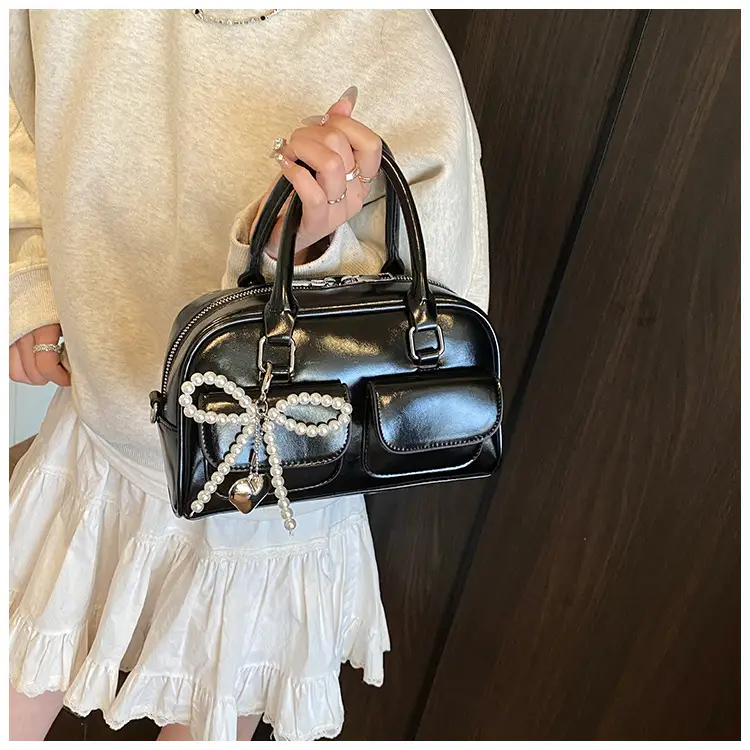 Women's Beige Pearl Bow Shoulder Bag with 2 Pockets — feature 37