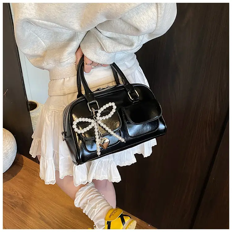 Women's Beige Pearl Bow Shoulder Bag with 2 Pockets — feature 38