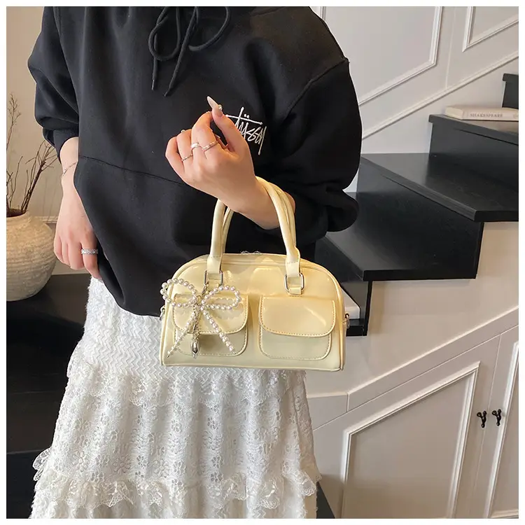 Women's Beige Pearl Bow Shoulder Bag with 2 Pockets — feature 40