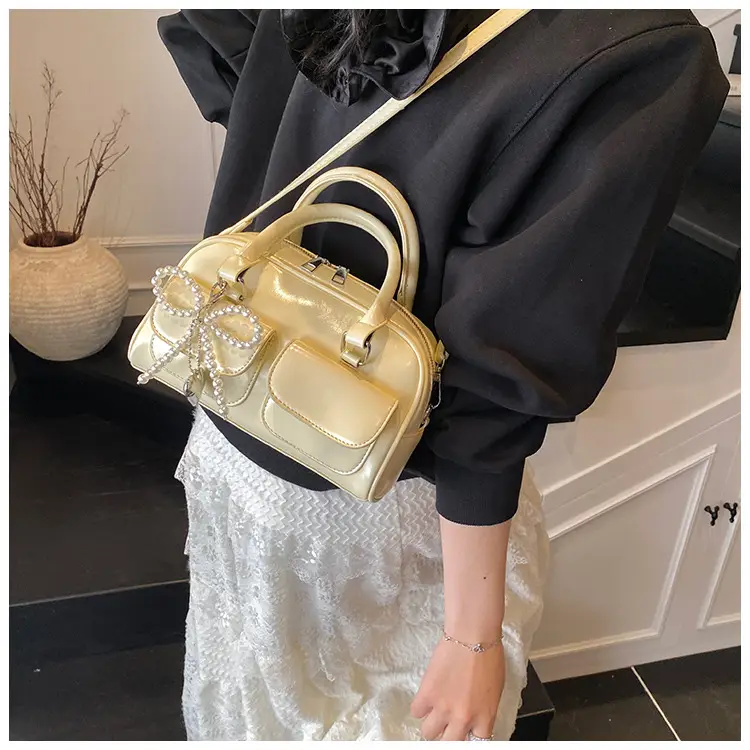 Women's Beige Pearl Bow Shoulder Bag with 2 Pockets — feature 46
