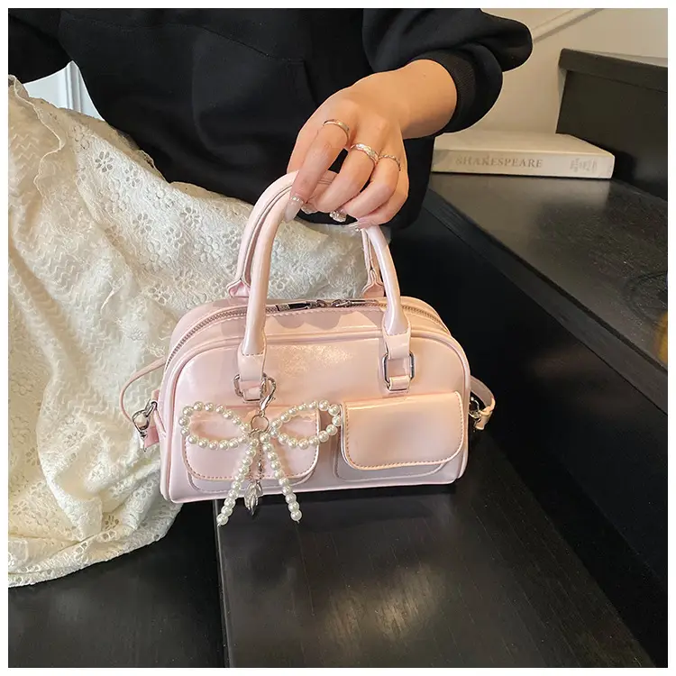 Women's Beige Pearl Bow Shoulder Bag with 2 Pockets — feature 47