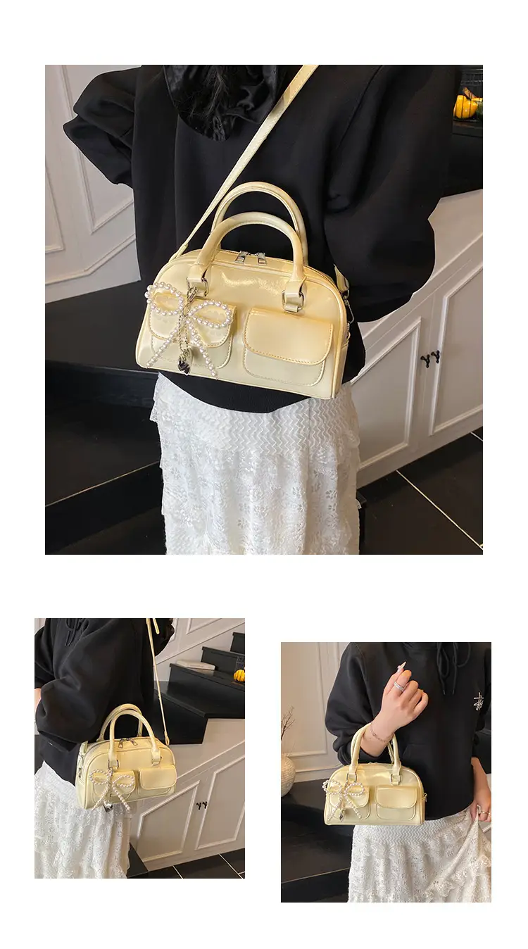 Women's Beige Pearl Bow Shoulder Bag with 2 Pockets — feature 5