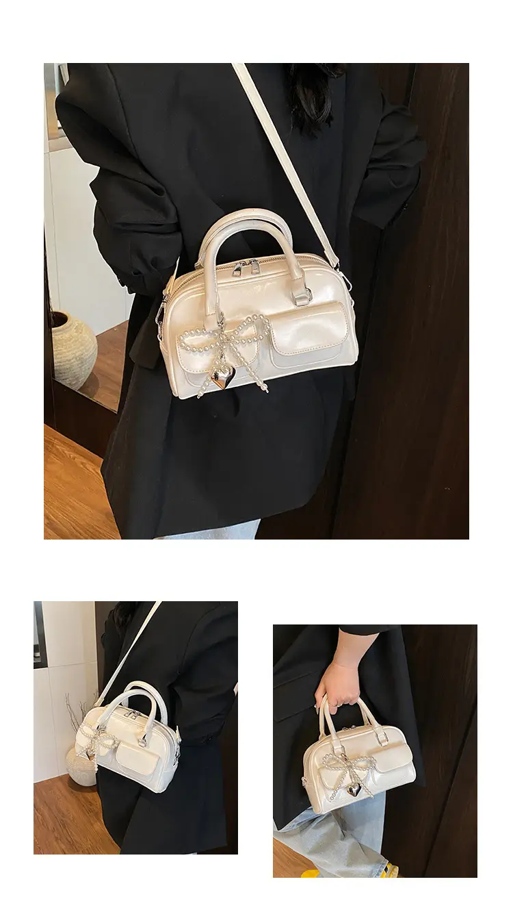 Women's Beige Pearl Bow Shoulder Bag with 2 Pockets — feature 7