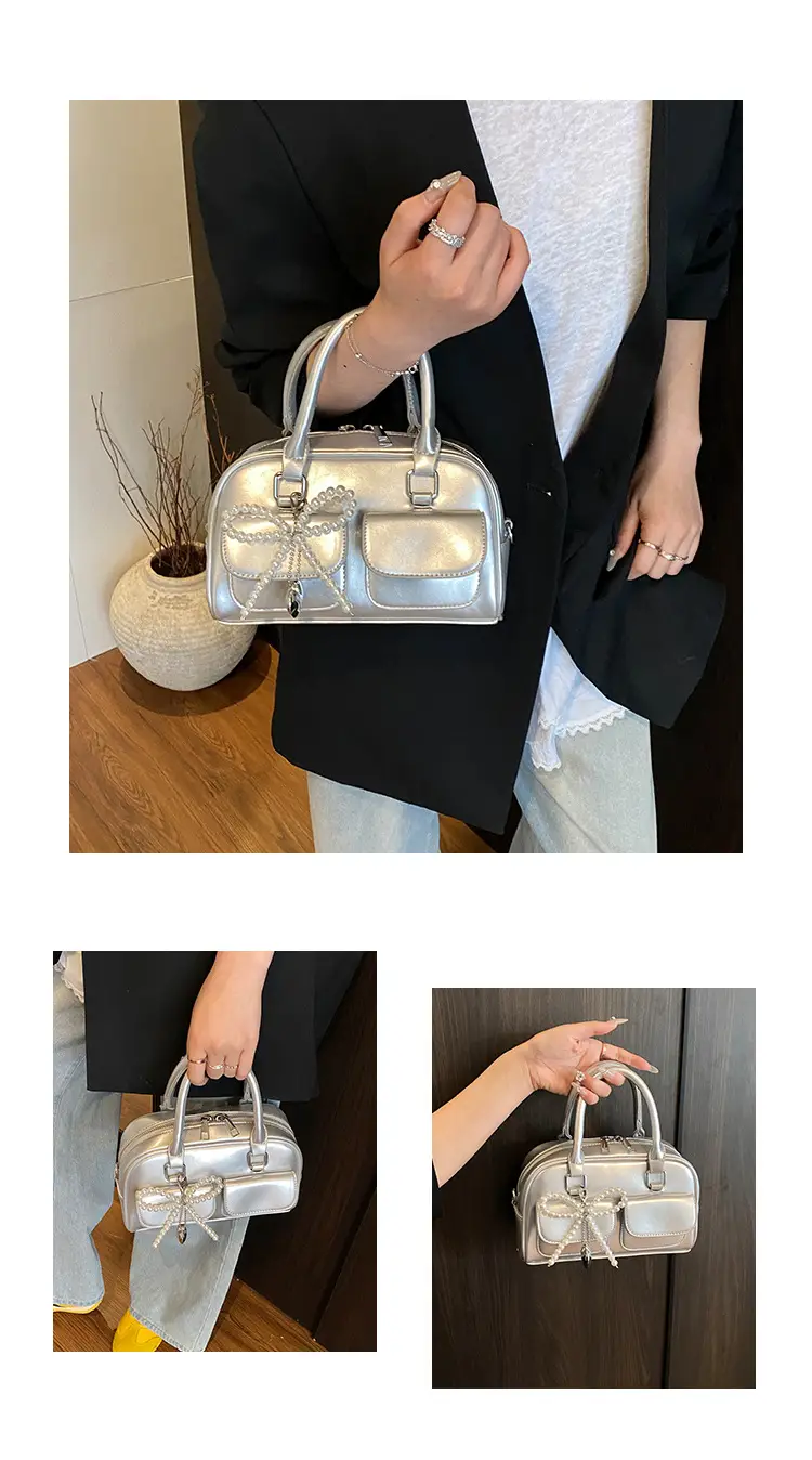 Women's Beige Pearl Bow Shoulder Bag with 2 Pockets — feature 9