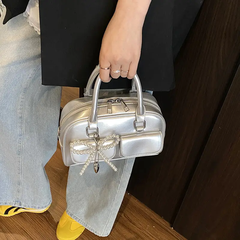 Women's Beige Pearl Bow Shoulder Bag with 2 Pockets