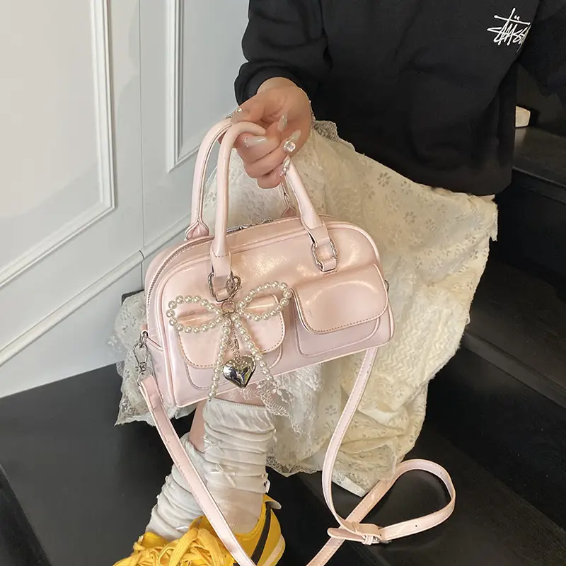 Women's Beige Pearl Bow Shoulder Bag with 2 Pockets