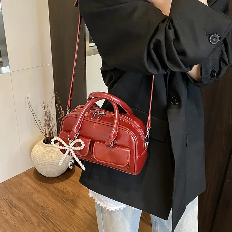Women's Beige Pearl Bow Shoulder Bag with 2 Pockets