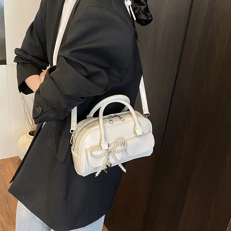 Women's Beige Pearl Bow Shoulder Bag with 2 Pockets