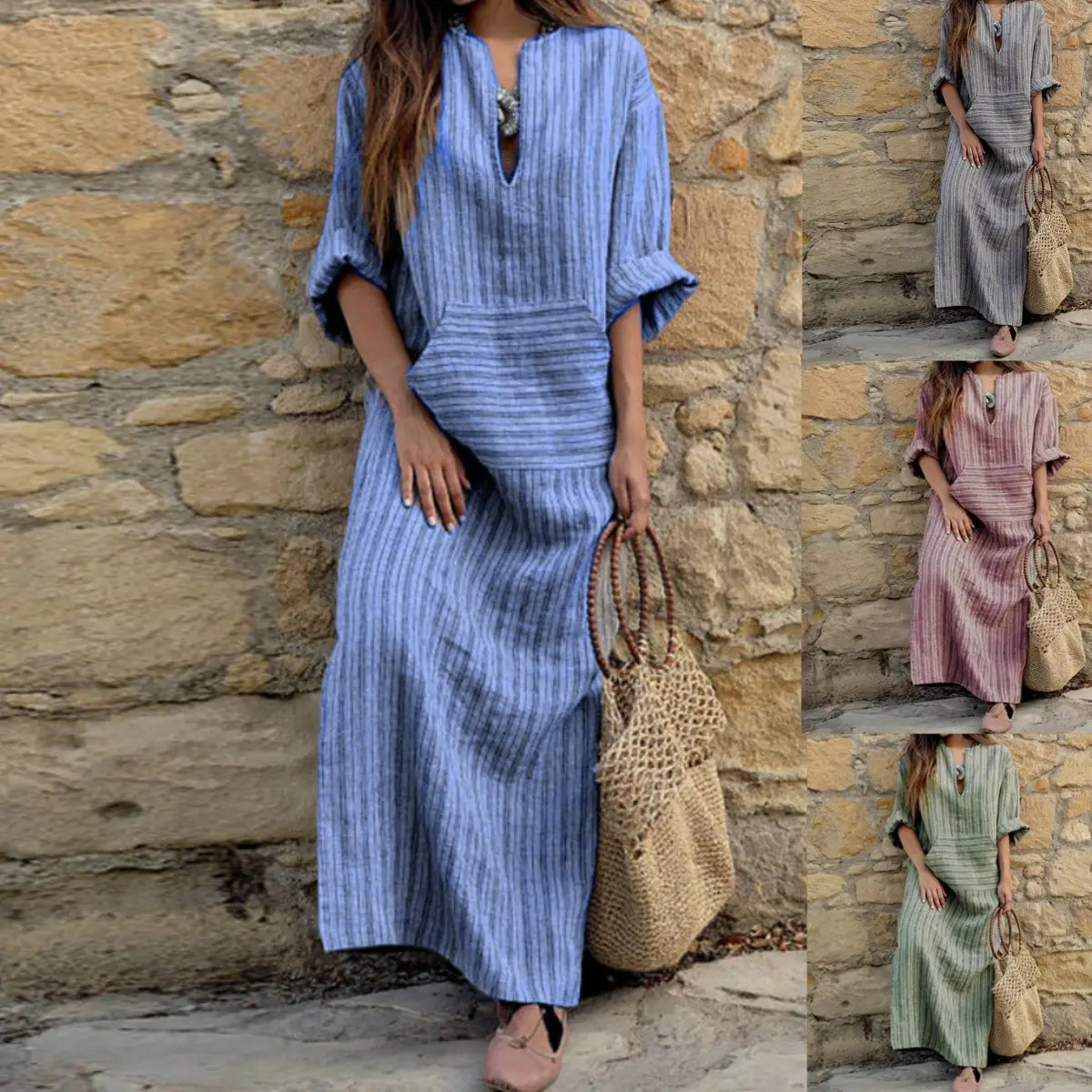 Muslim Women Cotton Linen Striped Dress Large - Image 5