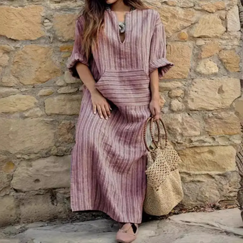 Muslim Women Cotton Linen Striped Dress Large - Image 8