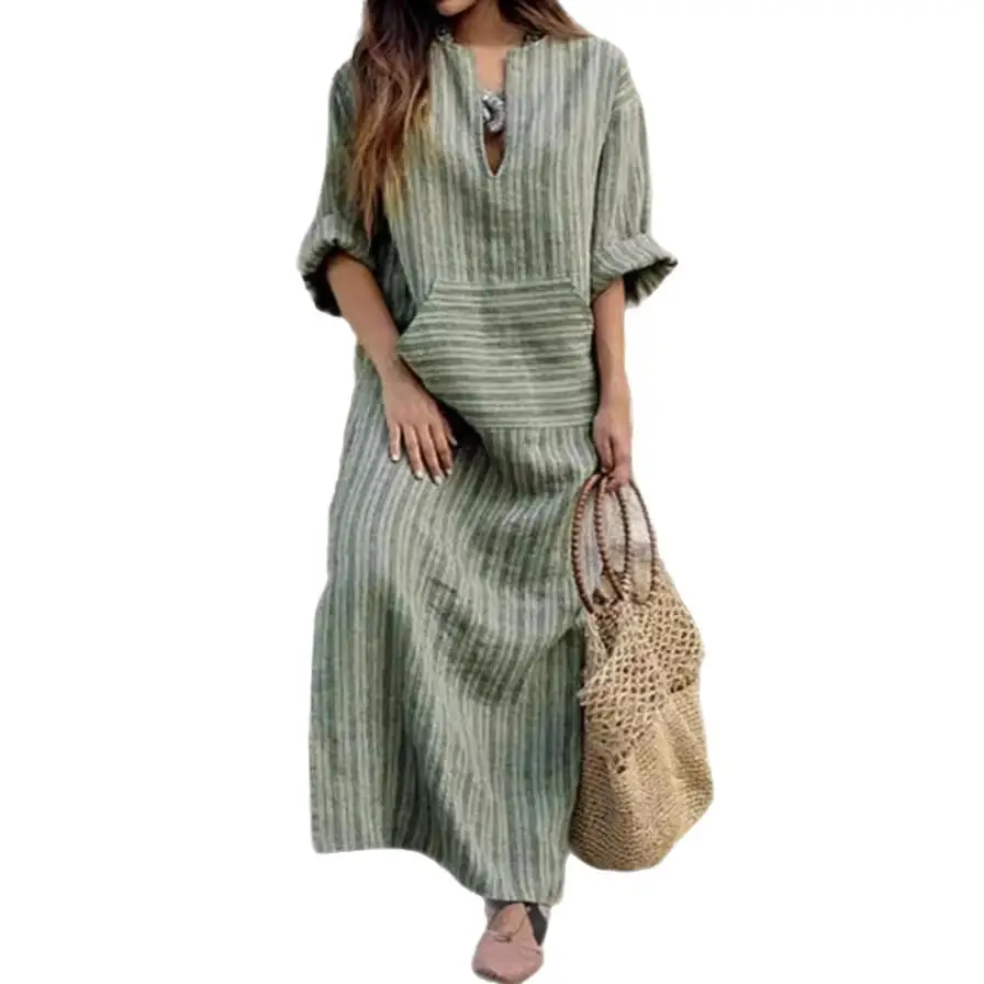 Muslim Women Cotton Linen Striped Dress Large - Image 9