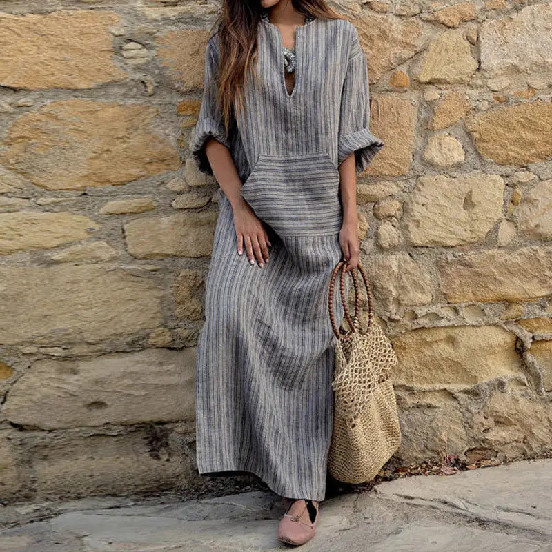 Muslim Women Cotton Linen Striped Dress Large — feature 16