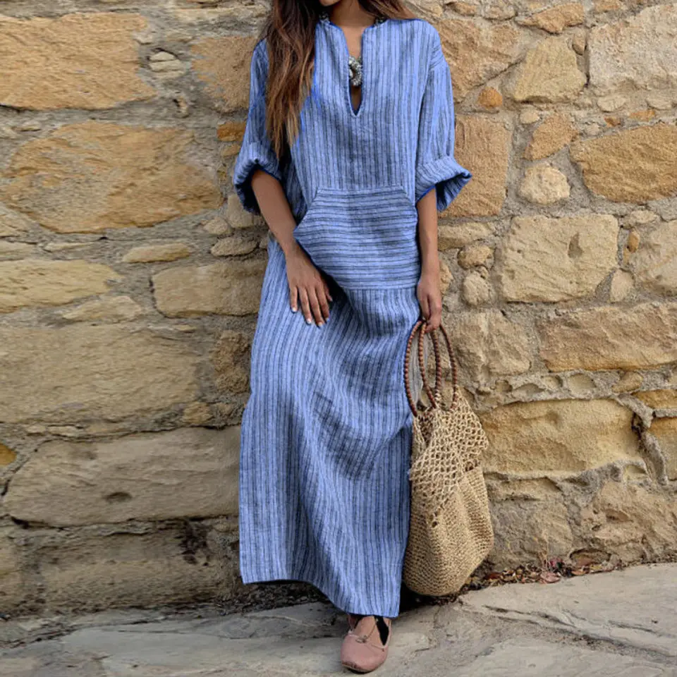 Muslim Women Cotton Linen Striped Dress Large - Image 4