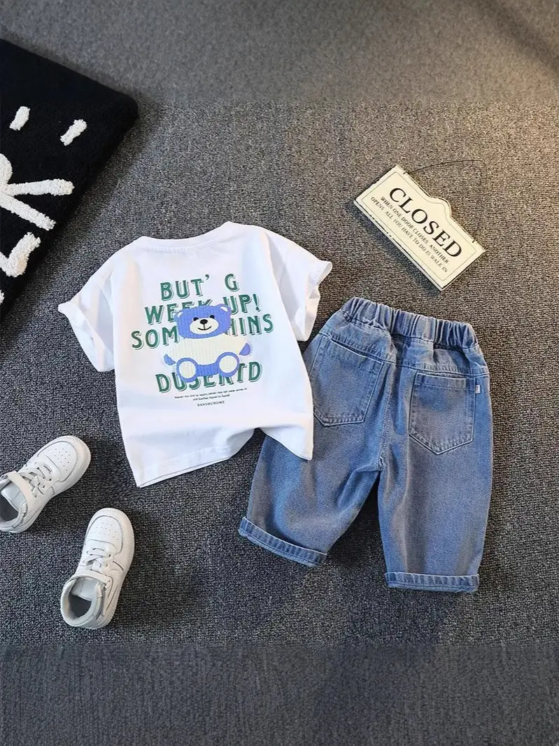 Boys Summer Suit 2025 Cotton Denim Shorts Set - Image 6