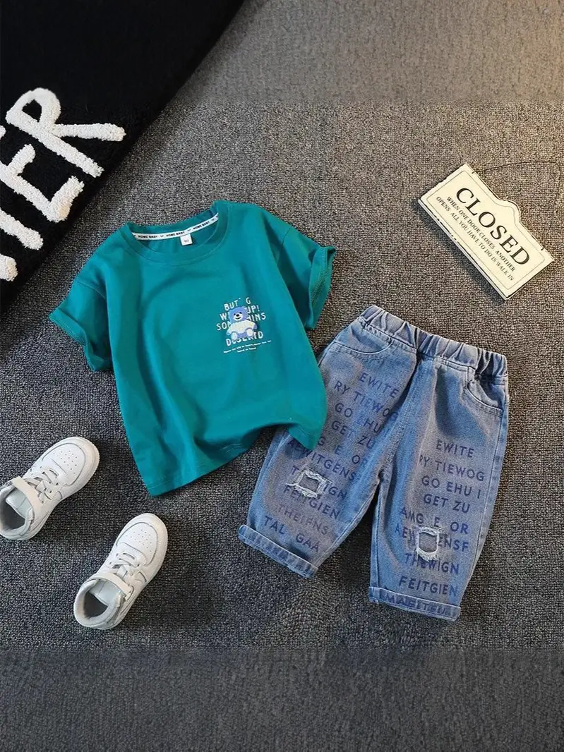 Boys Summer Suit 2025 Cotton Denim Shorts Set - Image 7