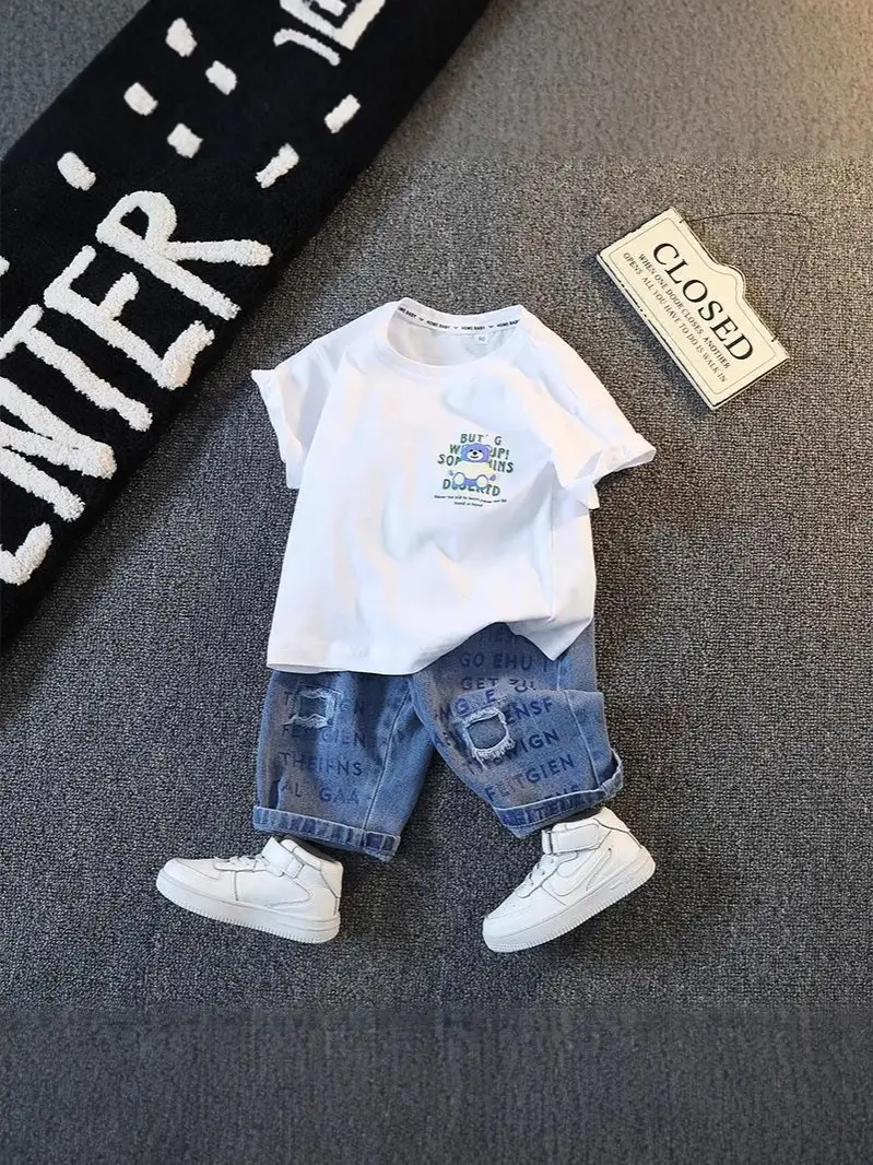Boys Summer Suit 2025 Cotton Denim Shorts Set - Image 8