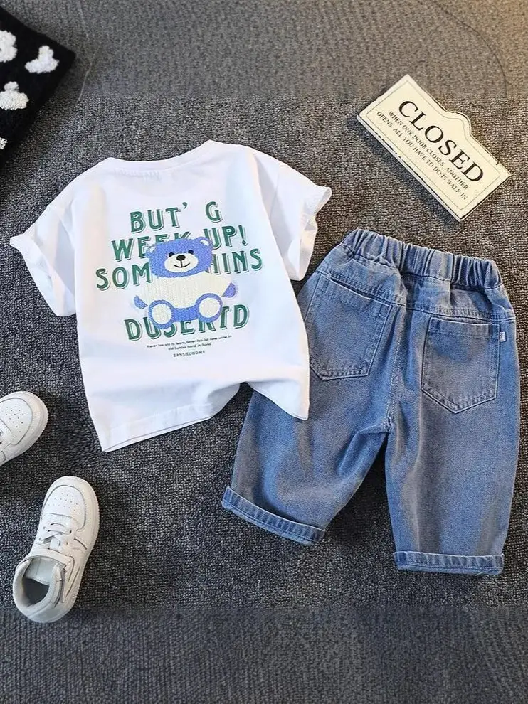 Boys Summer Suit 2025 Cotton Denim Shorts Set - Image 9