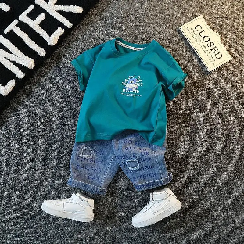 Boys Summer Suit 2025 Cotton Denim Shorts Set - Image 2