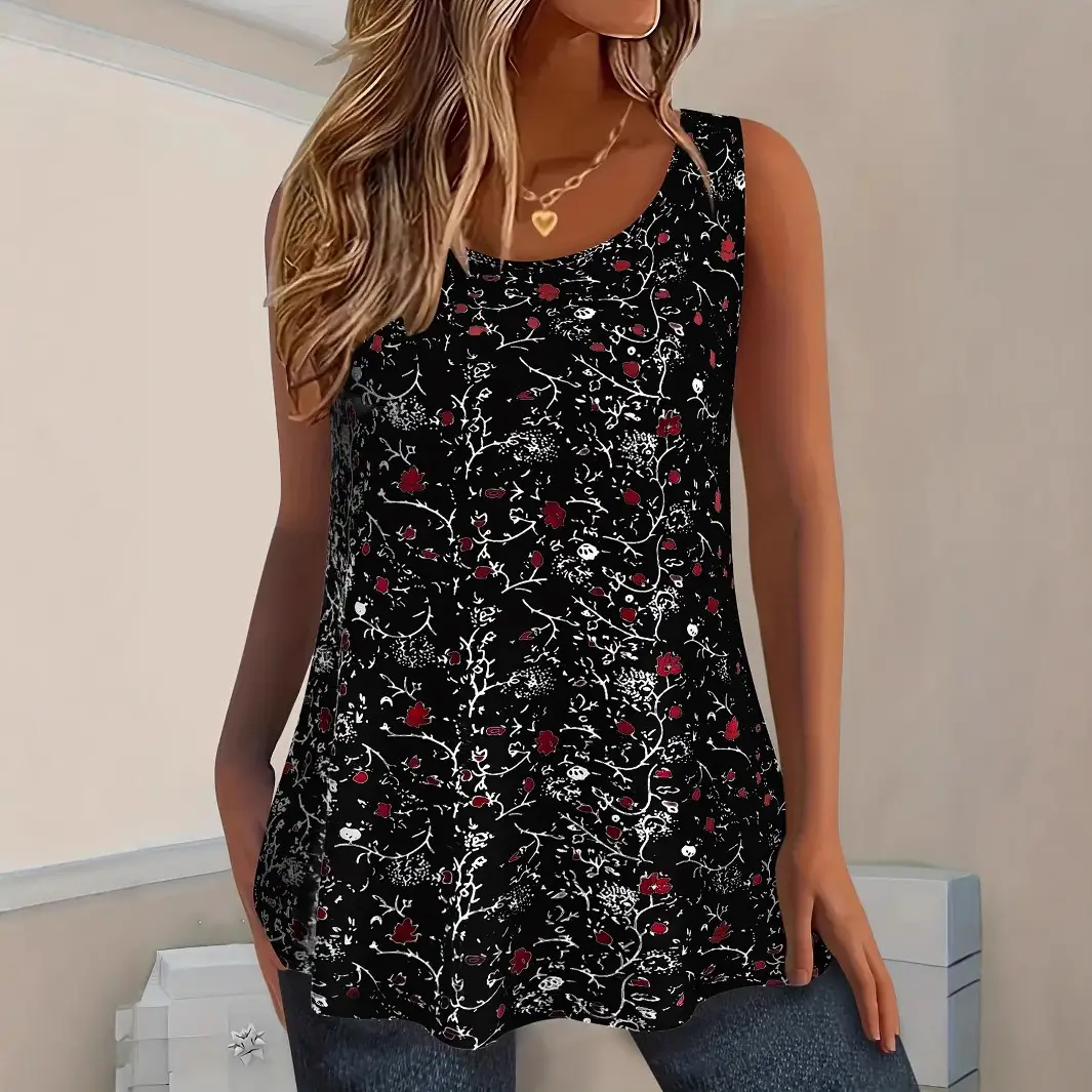 Women's Printed Sleeveless Vests Grey Red Floral 2025 - Image 10
