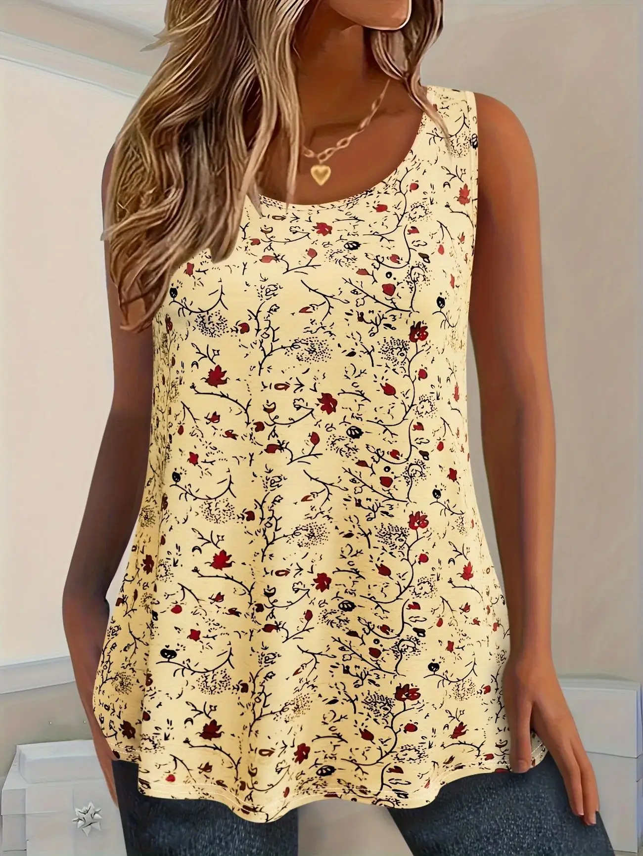 Women's Printed Sleeveless Vests Grey Red Floral 2025 — feature 6