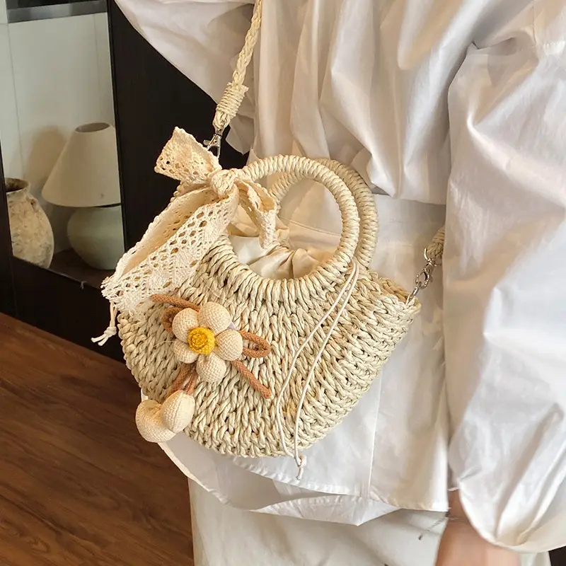 Women Straw Handbag Bucket Bag Shoulder Crossbody - Image 7