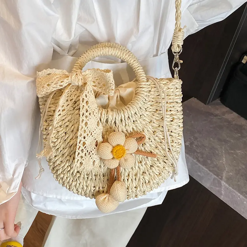 Women Straw Handbag Bucket Bag Shoulder Crossbody - Image 8
