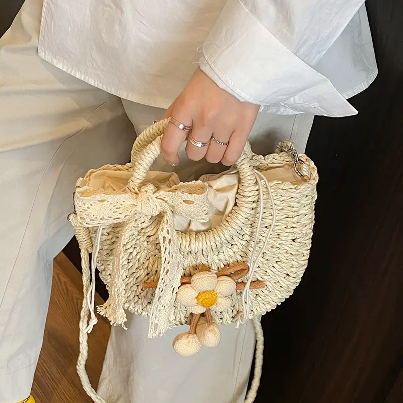 Women Straw Handbag Bucket Bag Shoulder Crossbody - Image 9