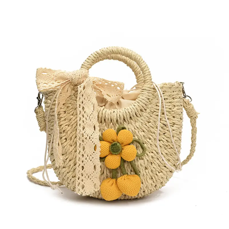 Women Straw Handbag Bucket Bag Shoulder Crossbody - Image 2