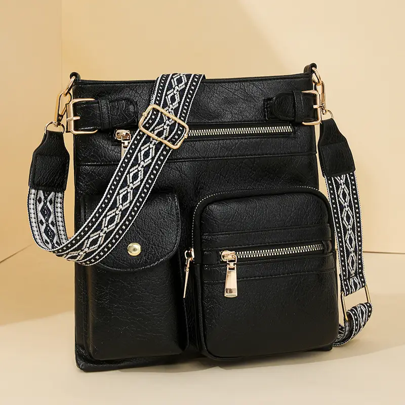 Women's Yellow PU Leather Crossbody Bag with Embroidered Strap