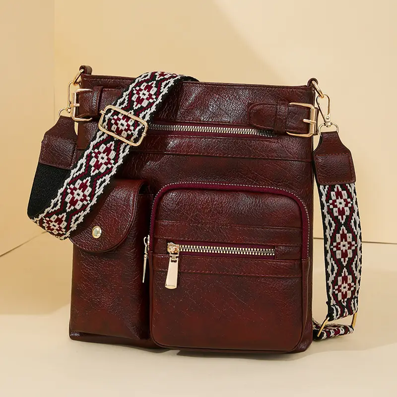 Women's Yellow PU Leather Crossbody Bag with Embroidered Strap