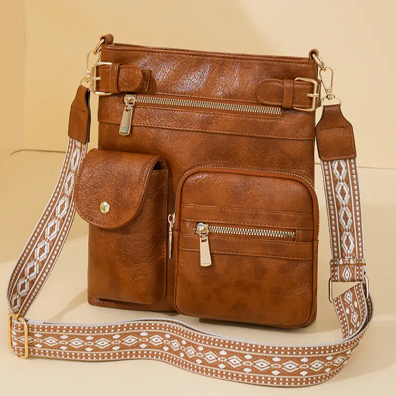 Women's Yellow PU Leather Crossbody Bag with Embroidered Strap
