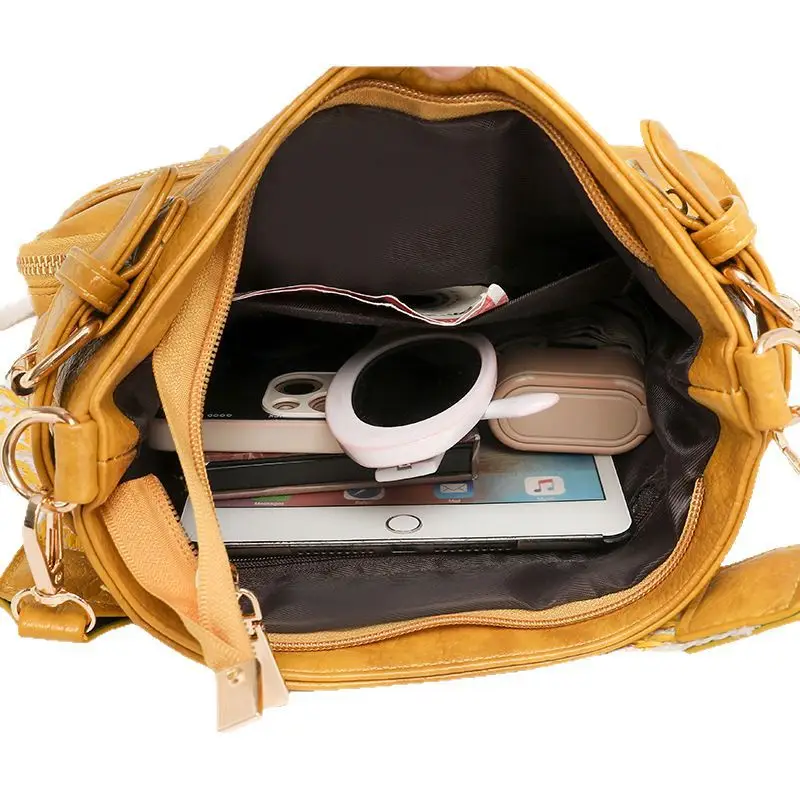 Women's Yellow PU Leather Crossbody Bag with Embroidered Strap