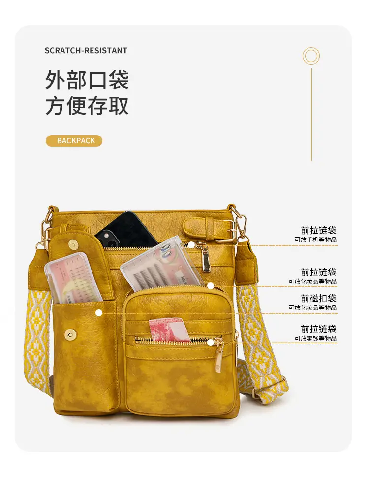 Women's Yellow PU Leather Crossbody Bag with Embroidered Strap — feature 10