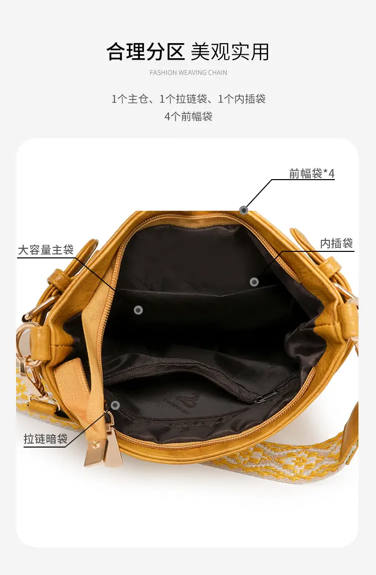Women's Yellow PU Leather Crossbody Bag with Embroidered Strap — feature 12