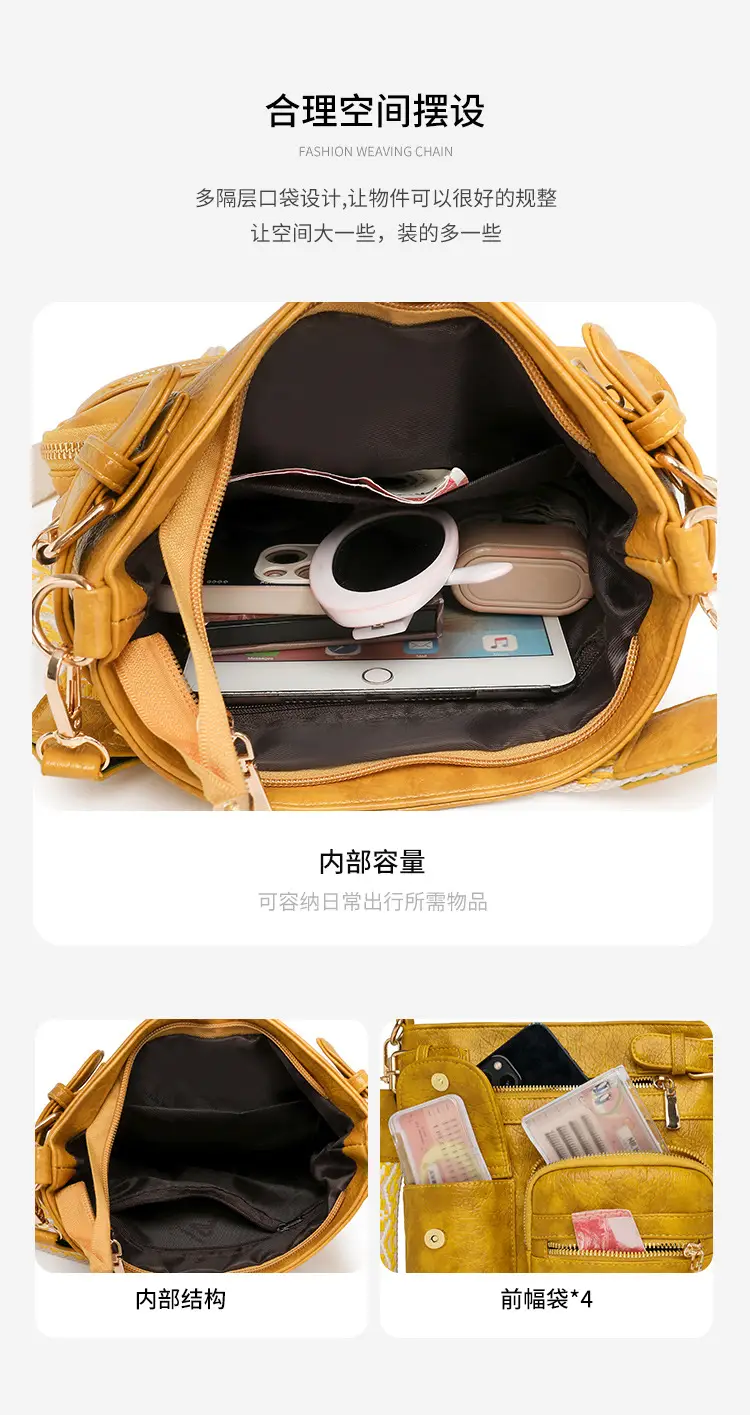 Women's Yellow PU Leather Crossbody Bag with Embroidered Strap — feature 14
