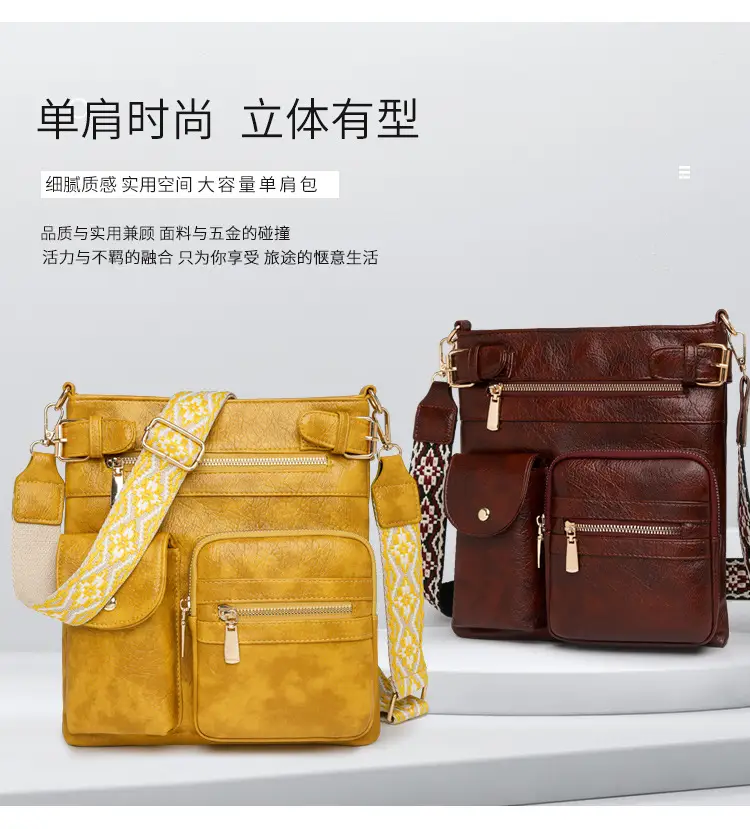 Women's Yellow PU Leather Crossbody Bag with Embroidered Strap — feature 2