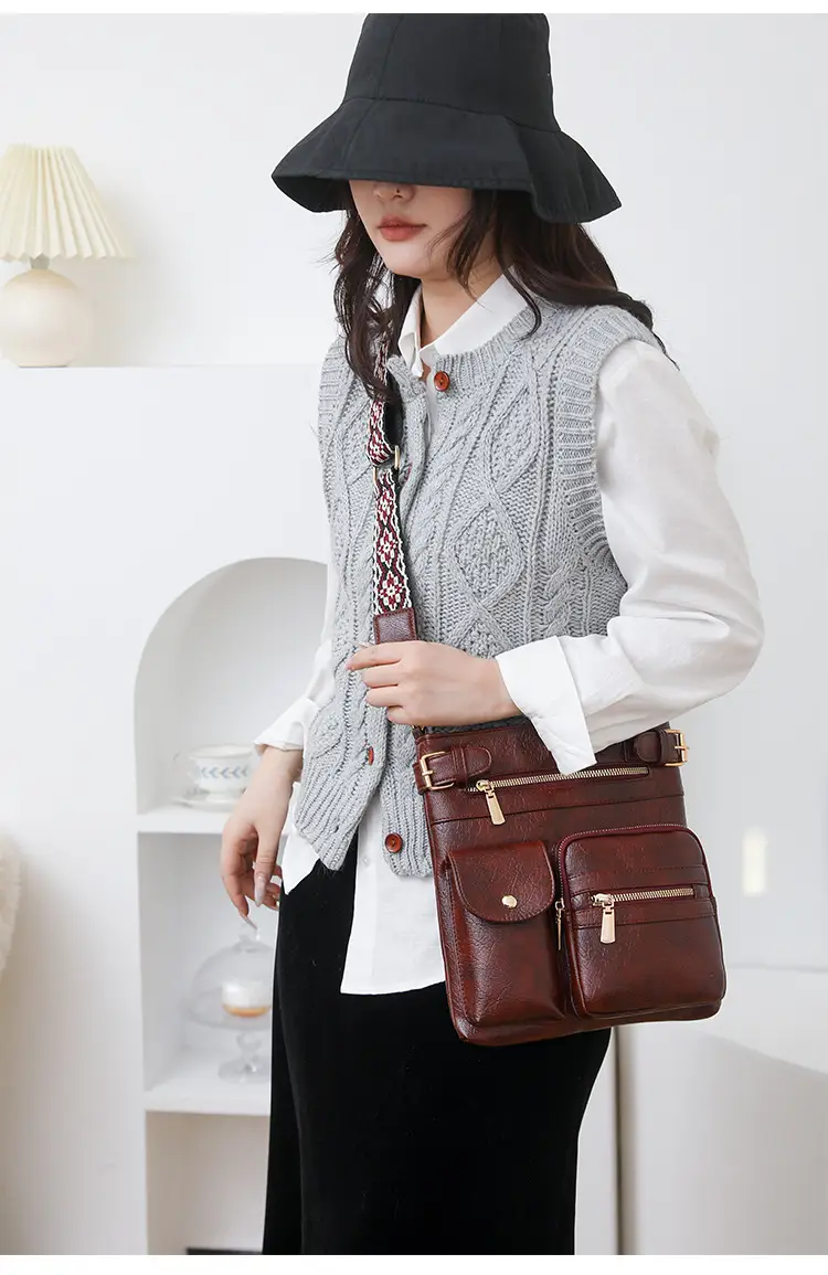 Women's Yellow PU Leather Crossbody Bag with Embroidered Strap — feature 20