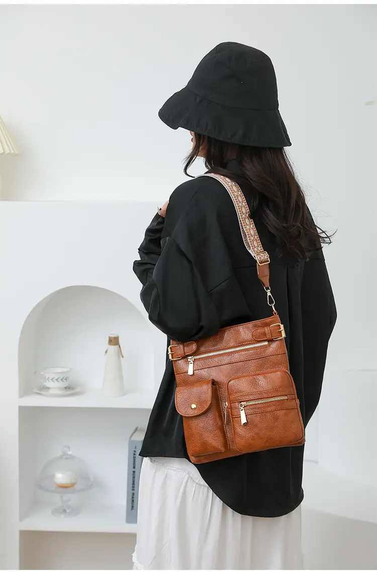 Women's Yellow PU Leather Crossbody Bag with Embroidered Strap — feature 22