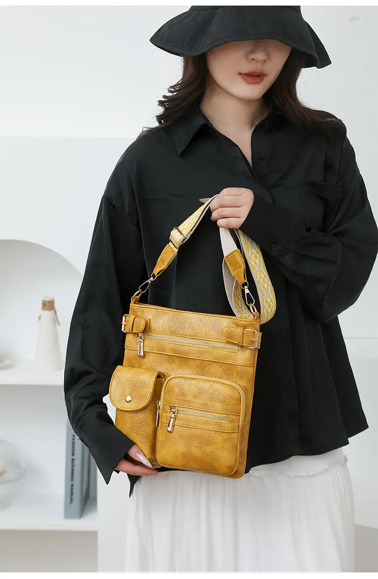 Women's Yellow PU Leather Crossbody Bag with Embroidered Strap — feature 24